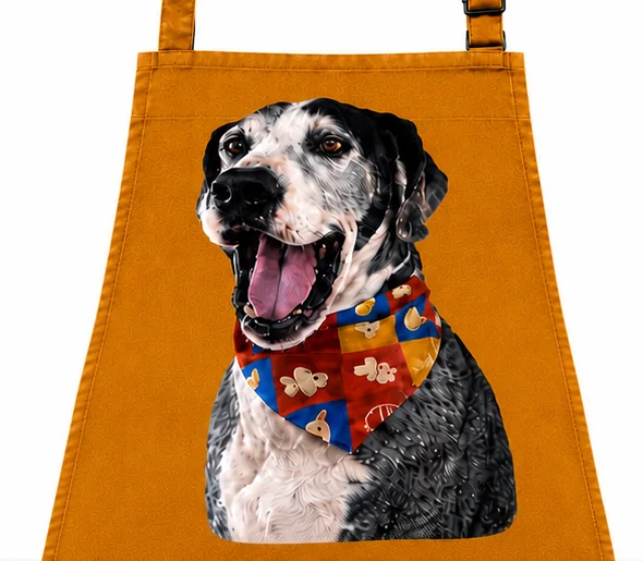 Butterscotch apron printed with a smiling dog's portrait