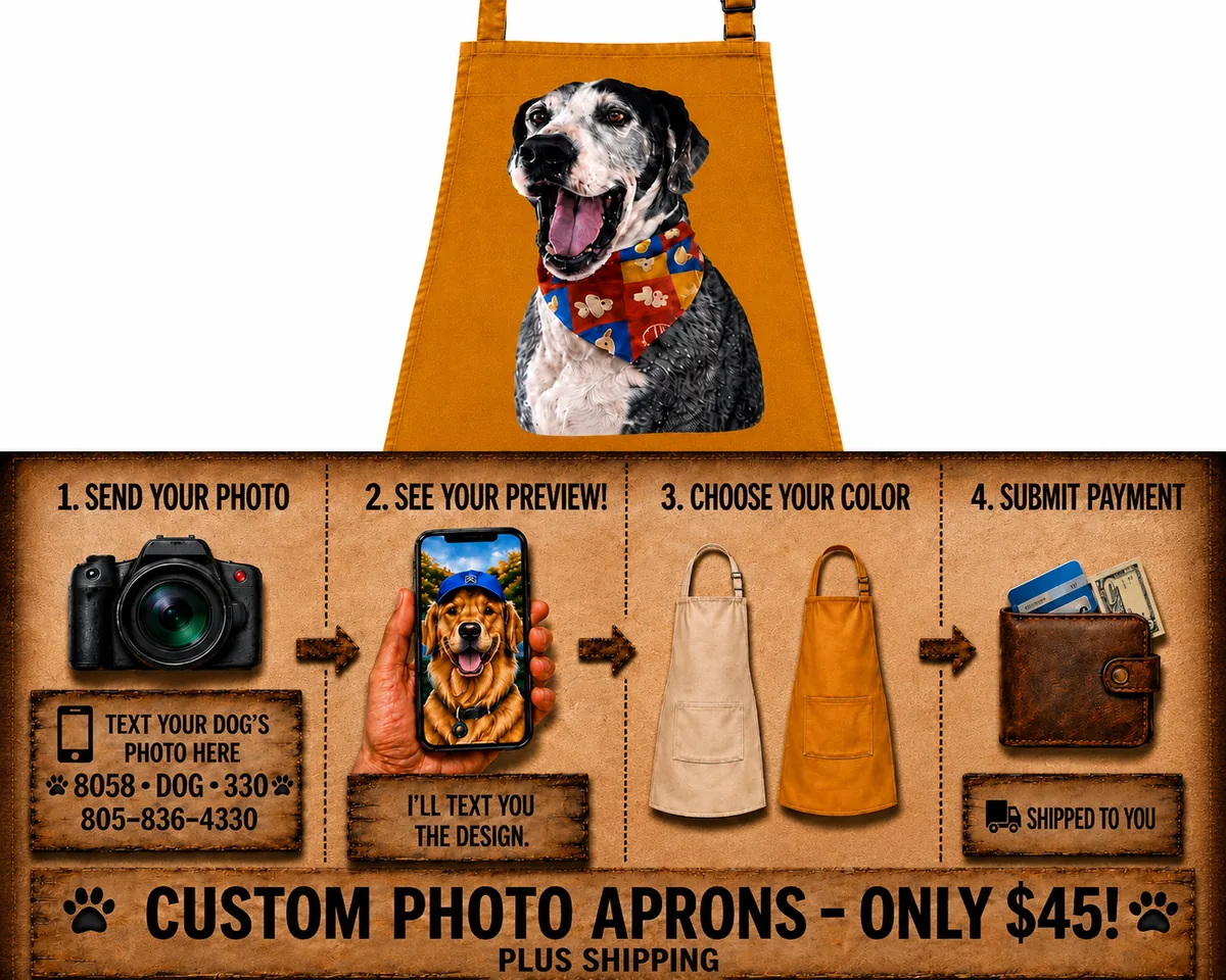 Custom photo apron ordering steps: send your photo, see your preview, choose your color, submit payment — only $45 plus shipping