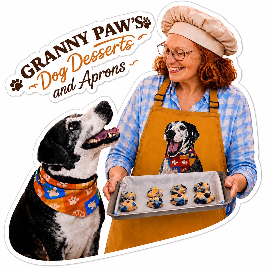 Granny Paw's Dog Desserts and Aprons — Granny and her dog with a fresh tray of treats